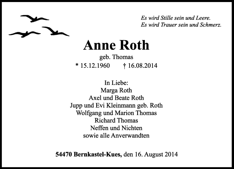  Traueranzeige für Anne Roth vom 18.08.2014 aus trierischer_volksfreund