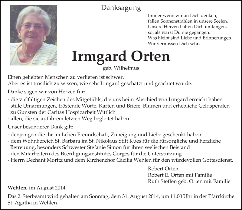  Traueranzeige für Irmgard Orten vom 23.08.2014 aus trierischer_volksfreund