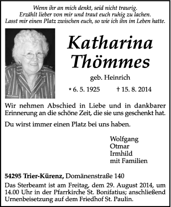 Traueranzeige von Katharina Thömmes von trierischer_volksfreund