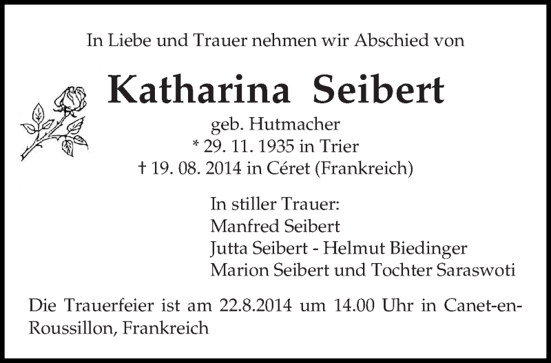  Traueranzeige für Katharina Seibert vom 22.08.2014 aus trierischer_volksfreund