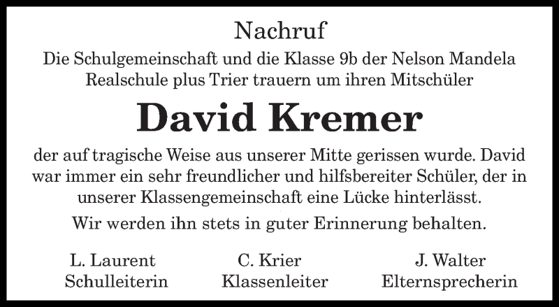  Traueranzeige für David Kremer vom 23.08.2014 aus trierischer_volksfreund