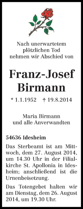Traueranzeige von Franz-Josef Birmann von trierischer_volksfreund