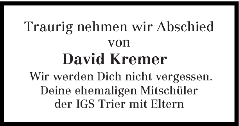  Traueranzeige für David Kremer vom 27.08.2014 aus trierischer_volksfreund