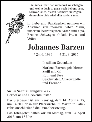 Traueranzeige von Johannes Barzen von trierischer_volksfreund