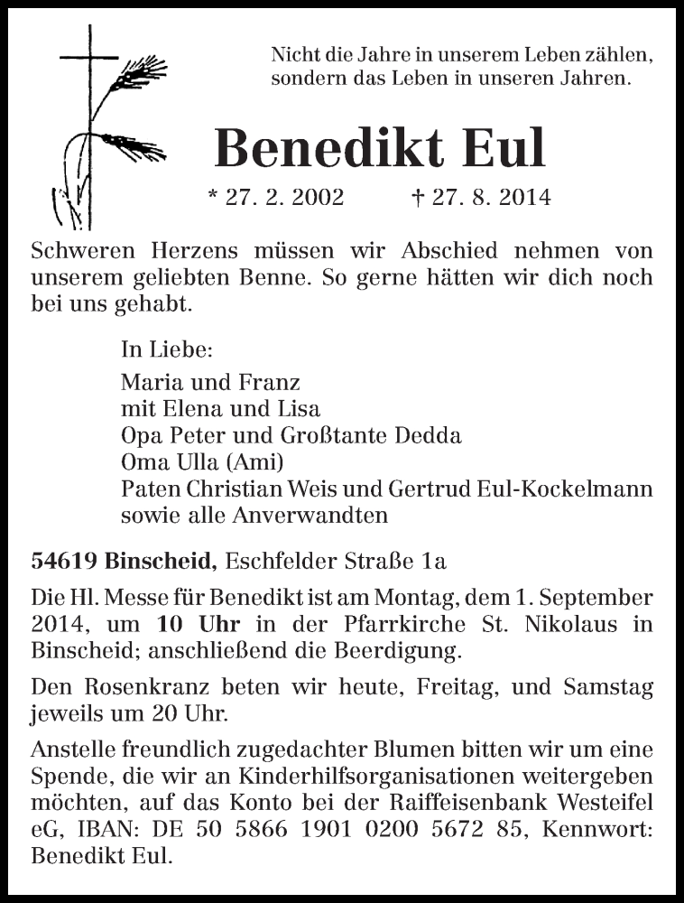  Traueranzeige für Benedikt Eul vom 29.08.2014 aus trierischer_volksfreund