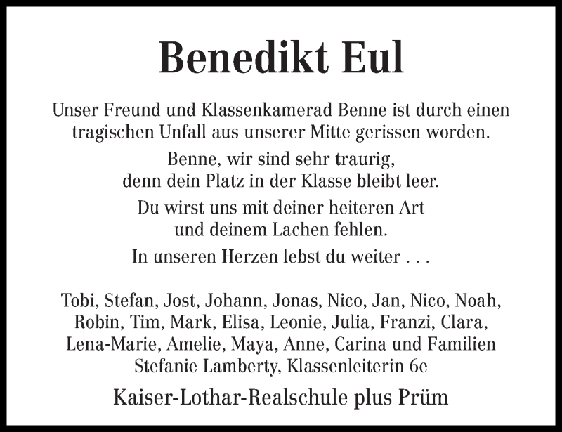  Traueranzeige für Benedikt Eul vom 30.08.2014 aus trierischer_volksfreund