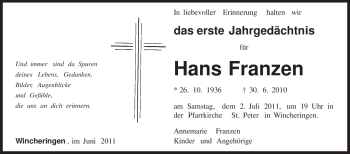 Traueranzeige von Hans Franzen von TRIERISCHER VOLKSFREUND
