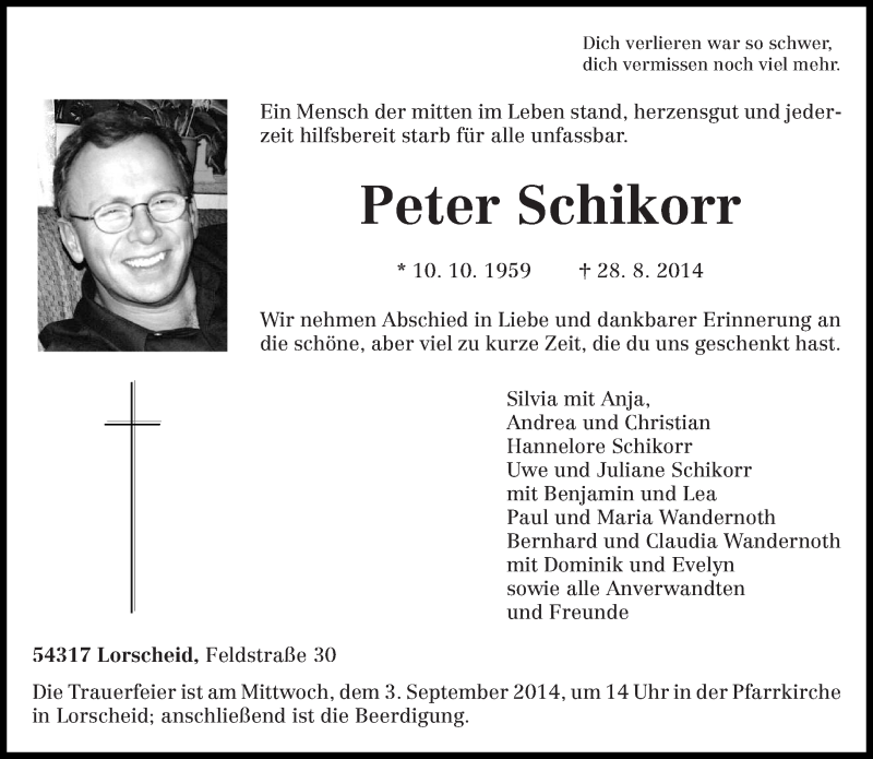  Traueranzeige für Peter Schikorr vom 01.09.2014 aus trierischer_volksfreund