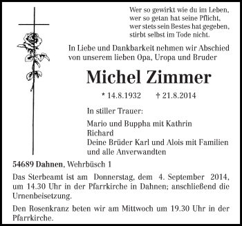 Traueranzeige von Michel Zimmer von trierischer_volksfreund