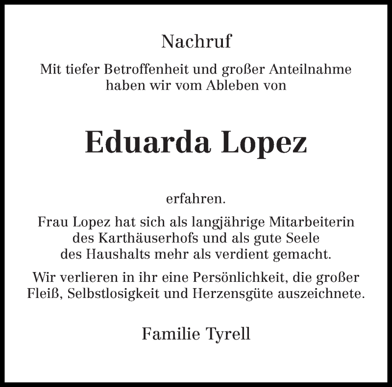  Traueranzeige für Eduarda Lopez vom 02.09.2014 aus trierischer_volksfreund