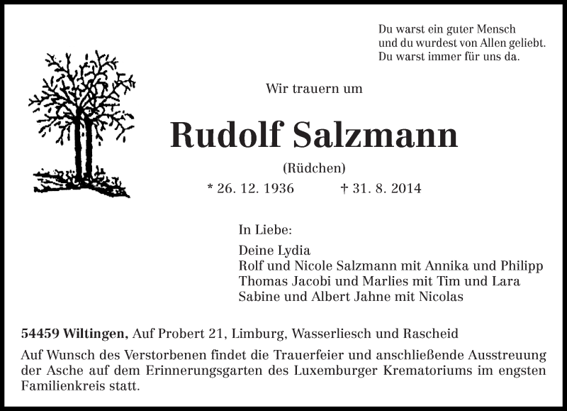  Traueranzeige für Rudolf Salzmann vom 03.09.2014 aus trierischer_volksfreund
