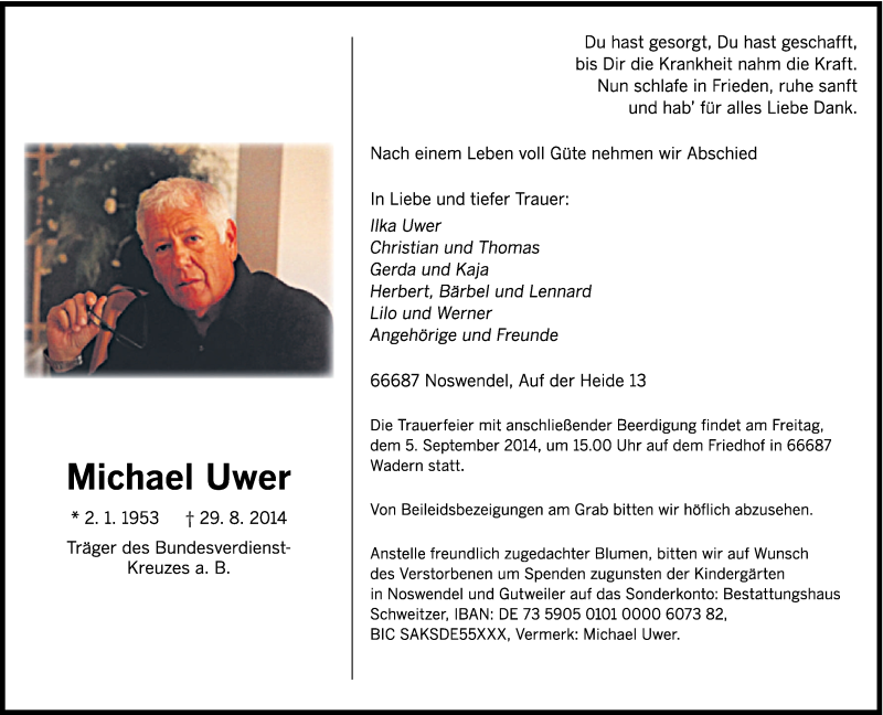  Traueranzeige für Michael Uwer vom 02.09.2014 aus trierischer_volksfreund