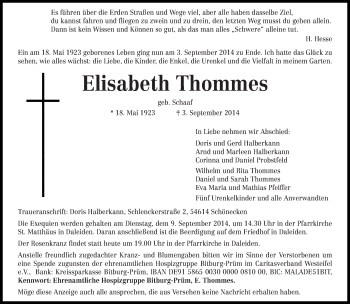 Traueranzeige von Elisabeth Thommes von trierischer_volksfreund