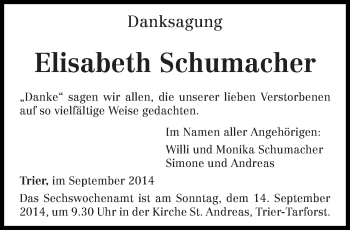 Traueranzeige von Elisabeth Schumacher von trierischer_volksfreund