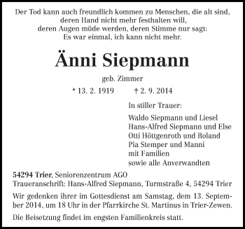 Traueranzeige von Änni Siepmann von trierischer_volksfreund