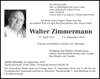Traueranzeige von Walter Zimmermann von trierischer_volksfreund