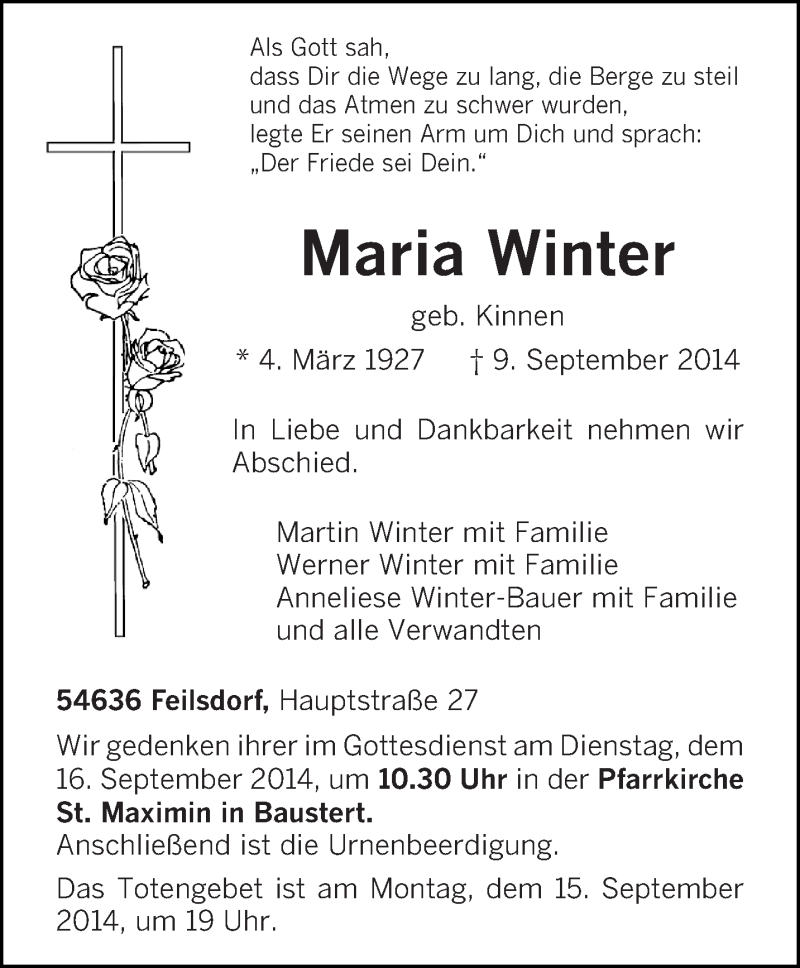  Traueranzeige für Maria Winter vom 13.09.2014 aus trierischer_volksfreund