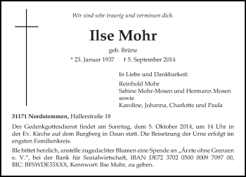Traueranzeige von Ilse Mohr von trierischer_volksfreund