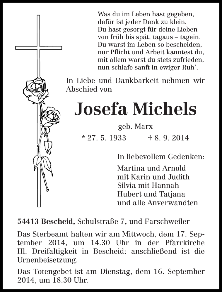  Traueranzeige für Josefa Michels vom 13.09.2014 aus trierischer_volksfreund