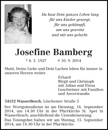 Traueranzeige von Josefine Bamberg von trierischer_volksfreund
