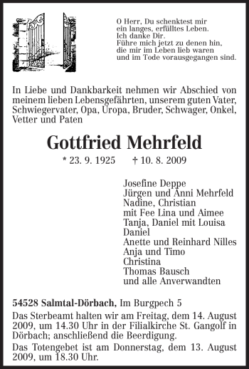 Traueranzeige von Gottfried Mehrfeld von TRIERISCHER VOLKSFREUND