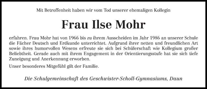  Traueranzeige für Ilse Mohr vom 16.09.2014 aus trierischer_volksfreund