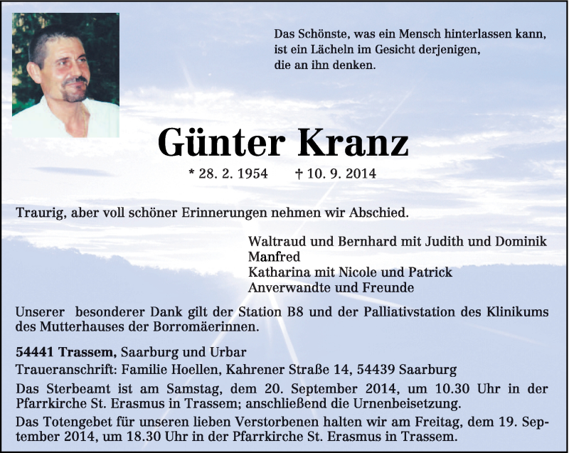  Traueranzeige für Günter Kranz vom 17.09.2014 aus trierischer_volksfreund
