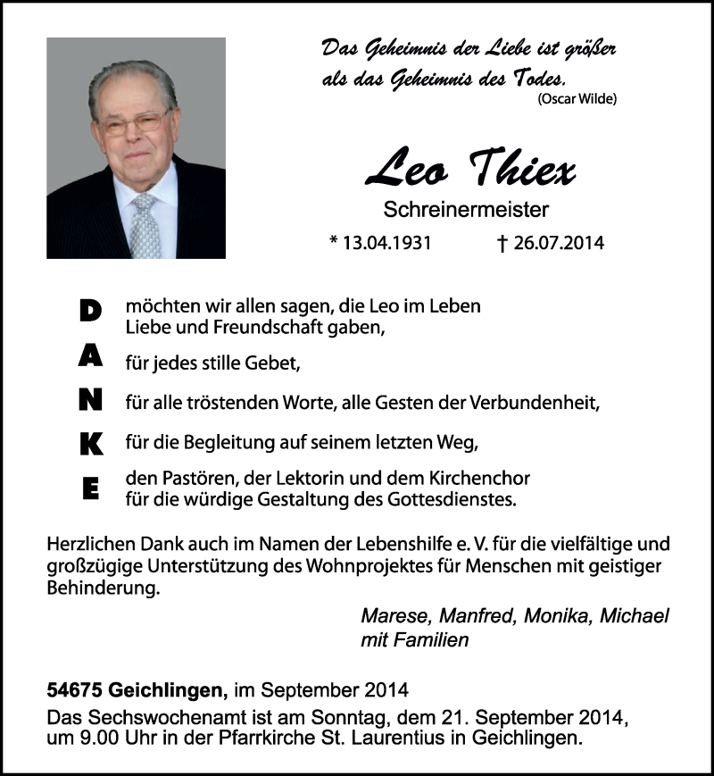  Traueranzeige für Leo Thiex vom 17.09.2014 aus trierischer_volksfreund