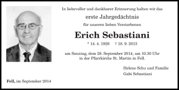 Traueranzeige von Erich Sebastiani von trierischer_volksfreund