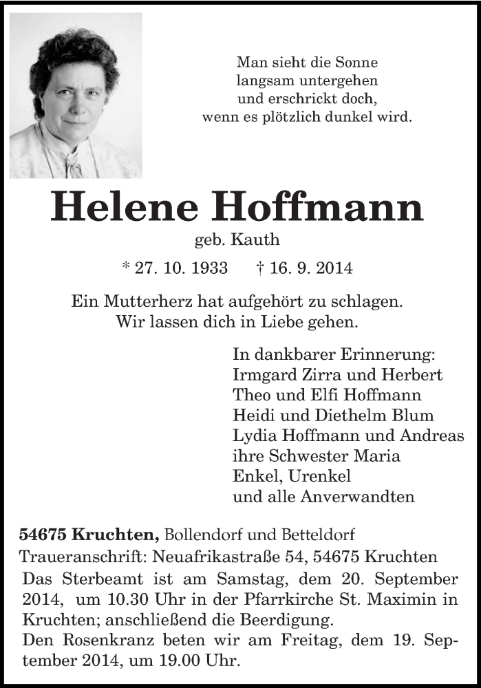  Traueranzeige für Helene Hoffmann vom 18.09.2014 aus trierischer_volksfreund