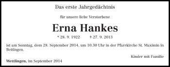 Traueranzeige von Erna Hankes von trierischer_volksfreund