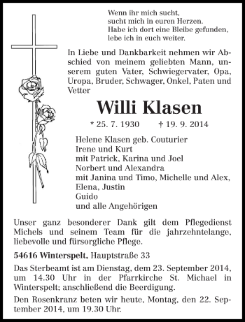 Traueranzeige von Willi Klasen von trierischer_volksfreund