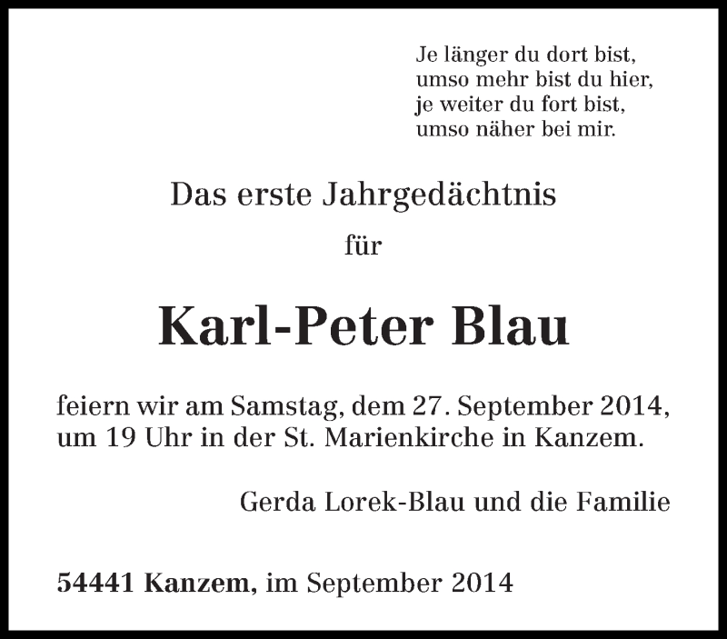 Traueranzeige für Karl-Peter Blau vom 24.09.2014 aus trierischer_volksfreund