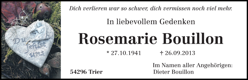  Traueranzeige für Rosemarie Bouillon vom 26.09.2014 aus trierischer_volksfreund