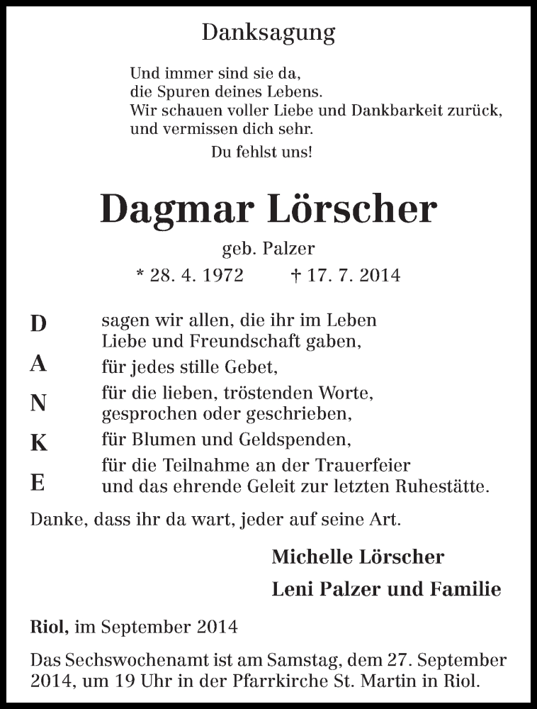  Traueranzeige für Dagmar Lörscher vom 24.09.2014 aus trierischer_volksfreund