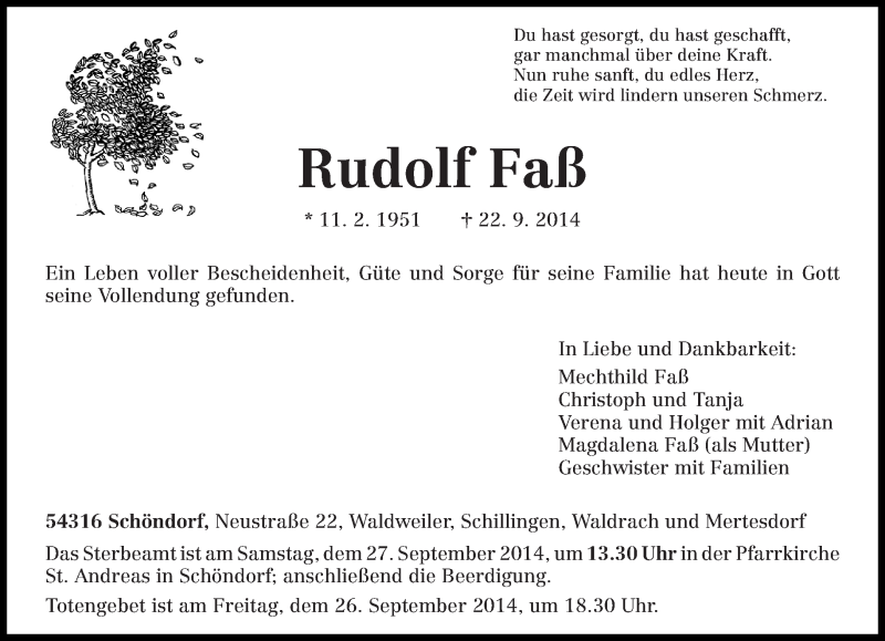  Traueranzeige für Rudolf Faß vom 24.09.2014 aus trierischer_volksfreund