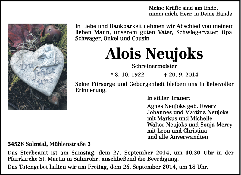  Traueranzeige für Alois Neujoks vom 24.09.2014 aus trierischer_volksfreund