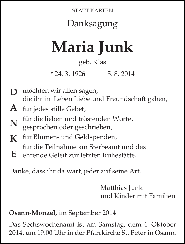  Traueranzeige für Maria Junk vom 27.09.2014 aus trierischer_volksfreund