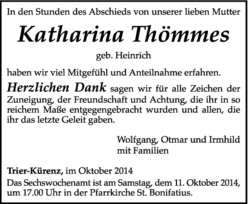 Traueranzeige für Katharina Thömmes vom 06.10.2014 aus trierischer_volksfreund