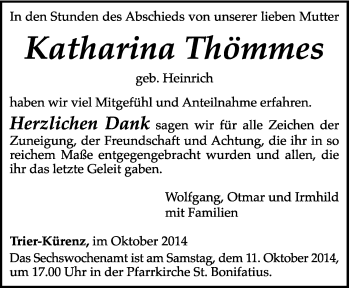 Traueranzeige von Katharina Thömmes von trierischer_volksfreund