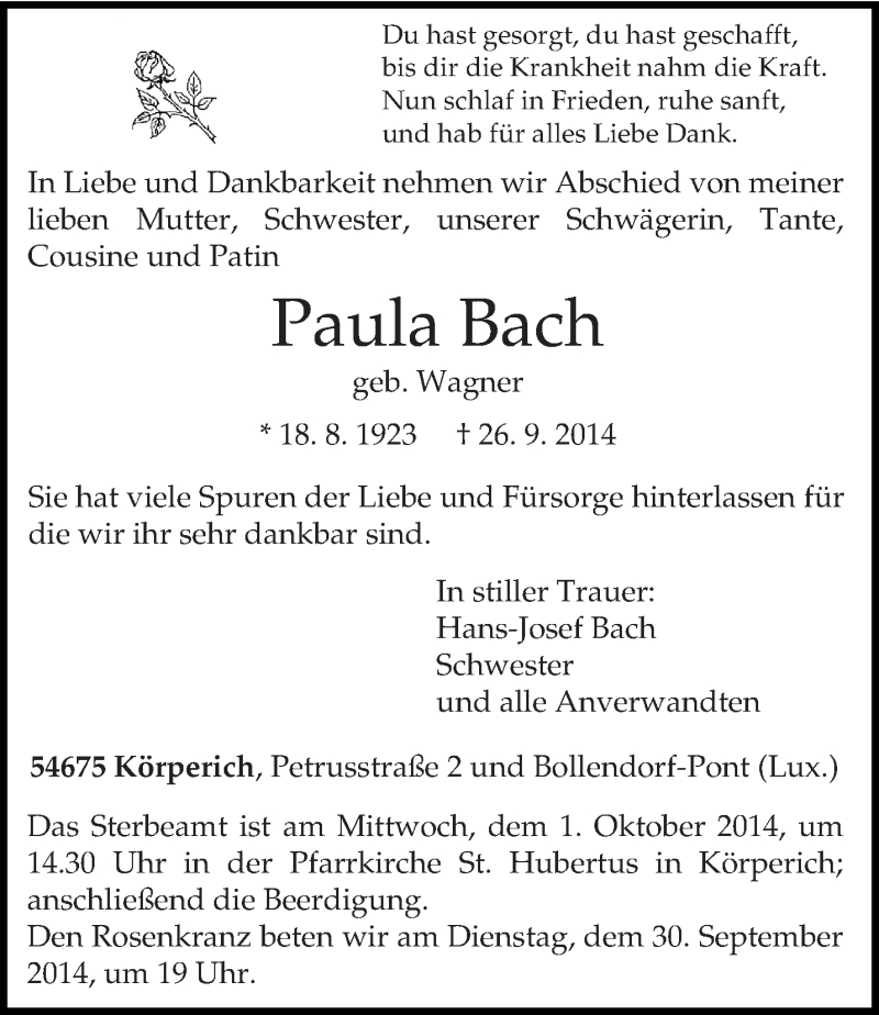  Traueranzeige für Paula Bach vom 27.09.2014 aus trierischer_volksfreund