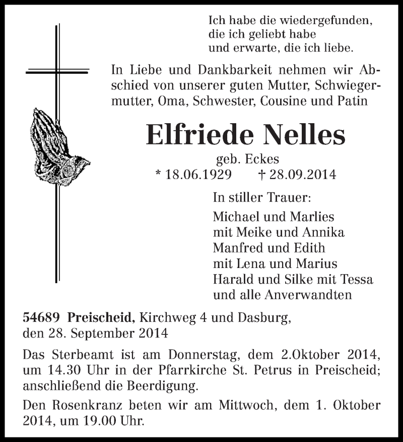  Traueranzeige für Elfriede Nelles vom 30.09.2014 aus trierischer_volksfreund
