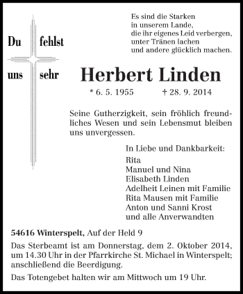 Traueranzeige von Herbert Linden von trierischer_volksfreund