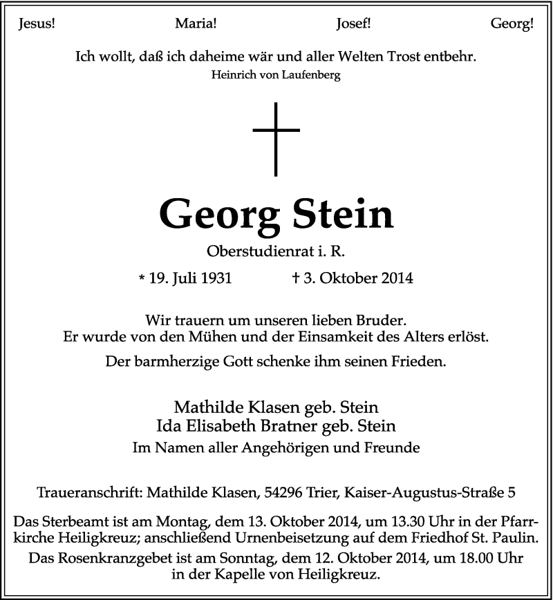  Traueranzeige für Georg Stein vom 09.10.2014 aus trierischer_volksfreund