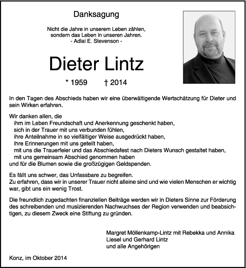  Traueranzeige für Dieter Lintz vom 11.10.2014 aus trierischer_volksfreund