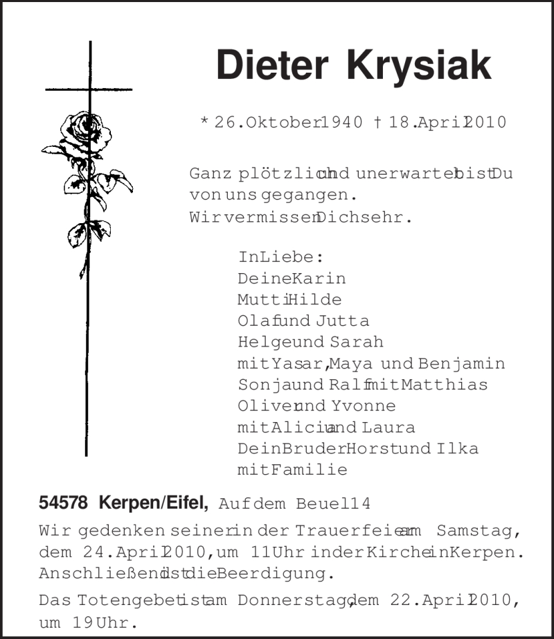  Traueranzeige für Dieter Krysiak vom 20.04.2010 aus TRIERISCHER VOLKSFREUND