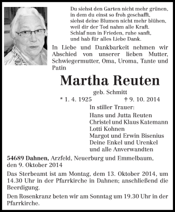 Traueranzeige von Martha Reuten von trierischer_volksfreund