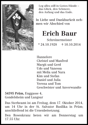 Traueranzeige von Erich Baur von trierischer_volksfreund