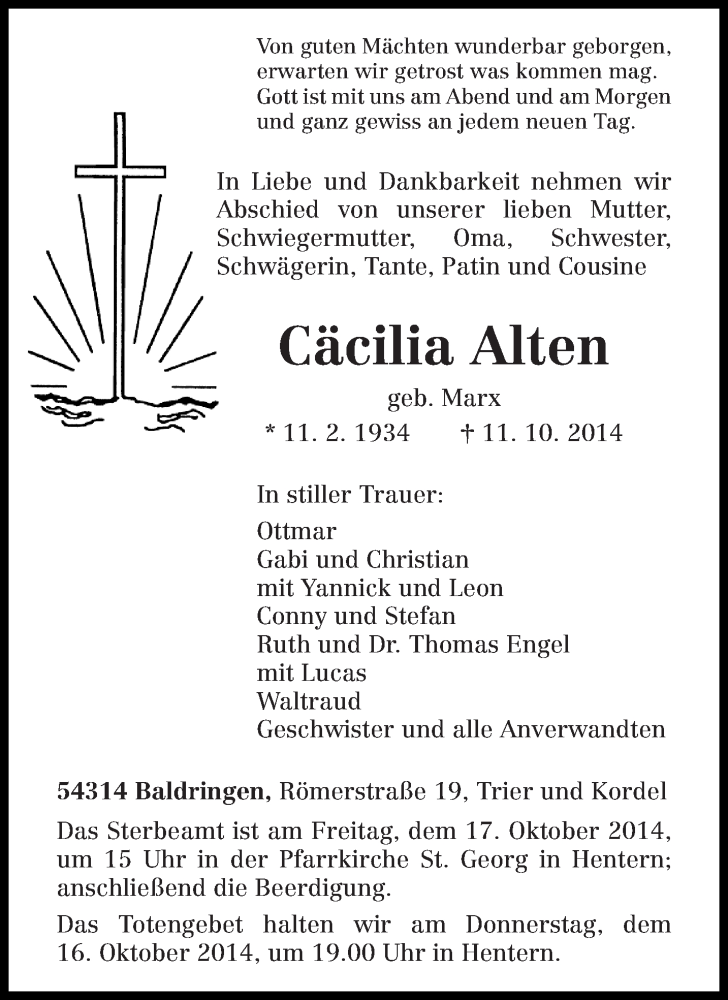 Traueranzeige für Cäcilia Alten vom 14.10.2014 aus trierischer_volksfreund