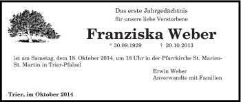 Traueranzeige von Franziska Weber von trierischer_volksfreund